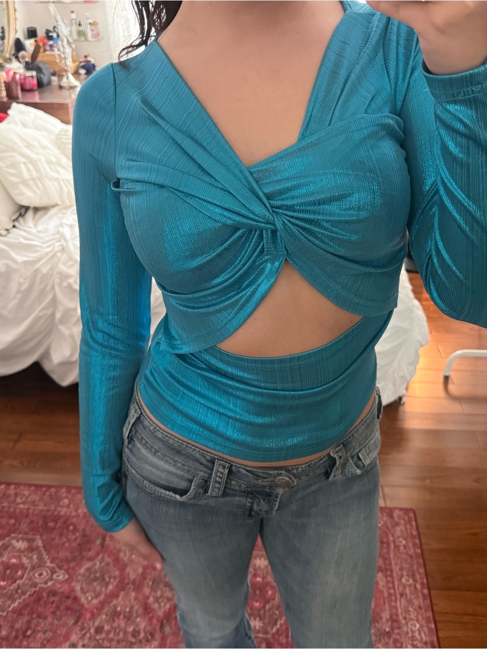 Shimmery Teal Twist-Front Long Sleeve Top
